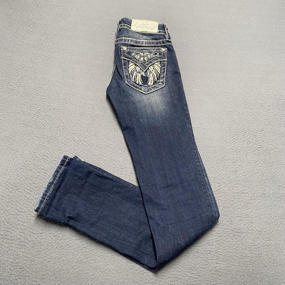 Miss Me Jeans Womens 23 Blue Low Rise Standard Straight Embroidered Flap Pockets